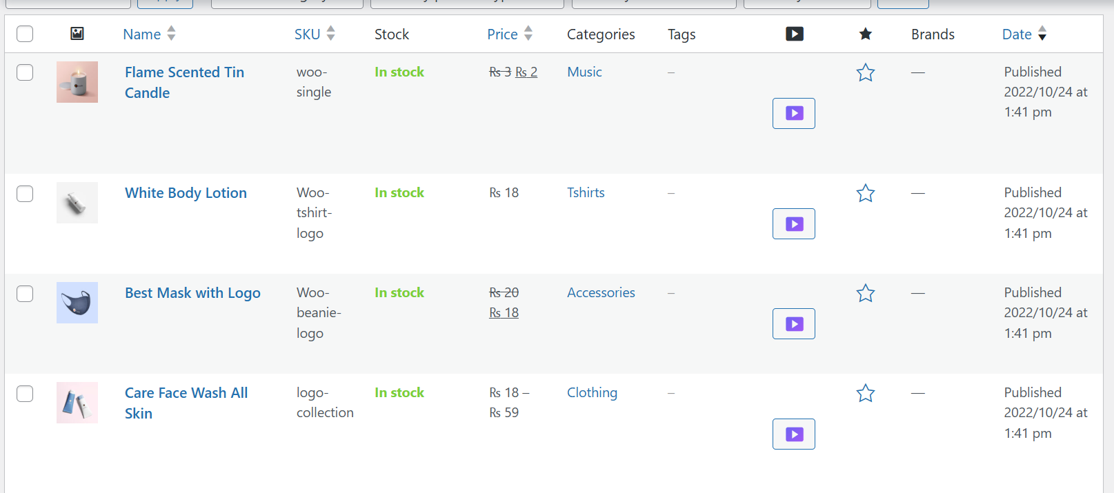 The Ad Video button in the WooCommerce Products list